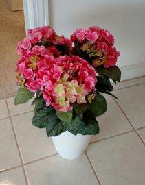 Faux Pink Hydrangeas in white pot