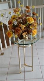 Metal 21" Tall Frame Cream & Gold Trimmed Table with  Beveled Glass Top, shown with Floral Arrangement
