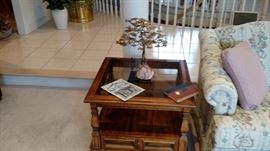 One of two Wood End Tables with Smoked Glass Tops, 25" by 25", 19 "tall 