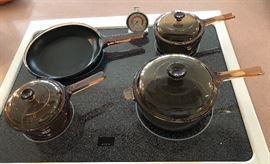 Vintage Vision Brown Glass Corning Pyrex Cookware Saucepans with lids and Skillet