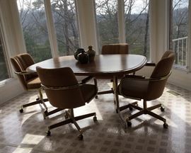 Brass Frame with Wood Top Dinette Table with 4 Upholstered Chairs on Castors