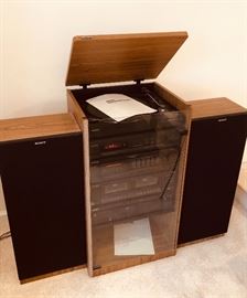 Sony Stereo Component System includes:
TurnTable PS-LX295, a 5 Band Equalizer, Dolby Tape Deck with Deck A & B, 5 Disc CD Player, 2 Sony 32” Tall Speakers SS-U230