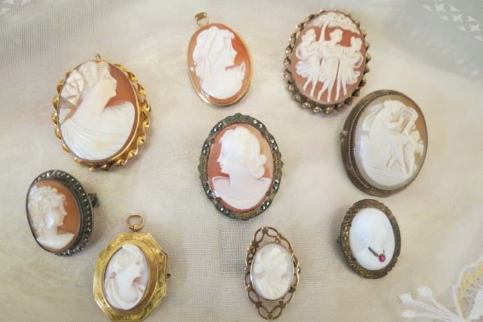 10k, 14k, 800 silver and sterling antique cameos.