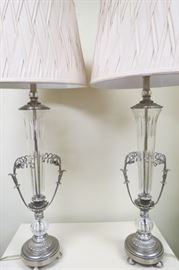 Hollywood Regency style glass and brush silver metal table lamps.