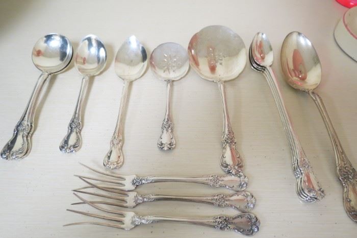 Old Master by Towle sterling silver serving pieces.  Soup spoons, sugar, jelly, nut, tomato server, ice tea spoons, lemon fork and large serving spoon. 