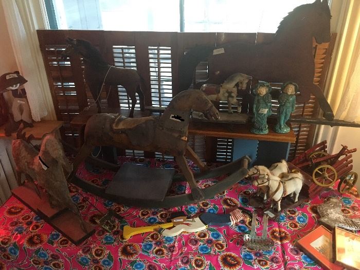 Antique and vintage horse- weather vane, toys, rocking horse