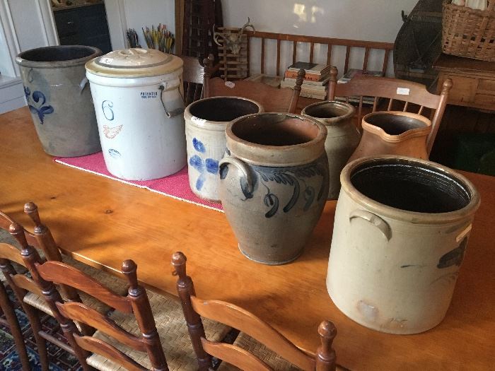 Onion shaped crock, red clay pitcher, sets of chairs