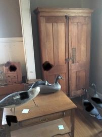 Cupboard with pigeon holes in top half and open shelves in bottom- quarter sawn oak desk, four PEI geese