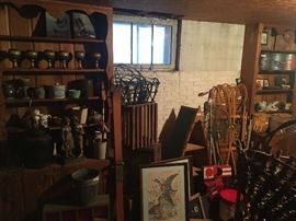 basement- fishing tackle, creels, minnow buckets, unused newer snow shoes, misc pottery
