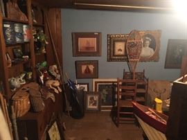 basement- umbrella stand, pictures, antique chair,