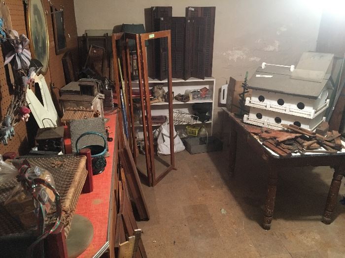 basement- large martin colony house, shutters, antique tools, folding screen