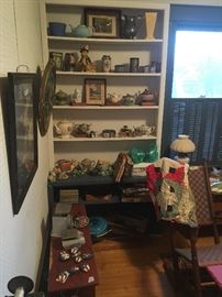 upstairs front room- patriotic pictures, teapots, rocking chair