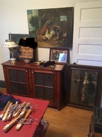 lare iol painting of farm animals, pie safe, 1950s lamp, fret work wall piece