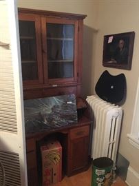 upstairs back bedroom- roll-top desk base with cupboard top, oil of man