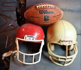 Tomfooleries Autographed Riddell Foot Ball Helmet, Franklin KC Chiefs Football Helmet And Franklin Football