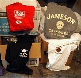 Advertising T-shirts Assorted Types Including Bud Lite, Jameson, Tito's And Captain Morgan, Contents Of 4 Boxes And Male Mannequin Bust