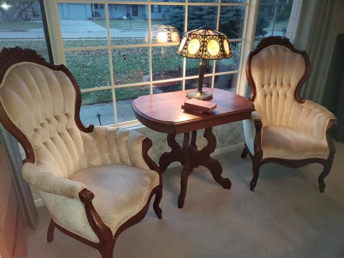 Gorgeous Slag Lamp and Carved Wood Chairs and Eastlake Stand