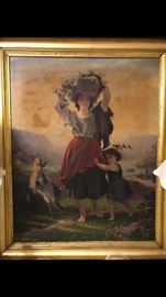 Bernhard Plockhorst, German, 1825-1907, hand painted antique print laid down on canvas in an antique, pure gold leafed frame