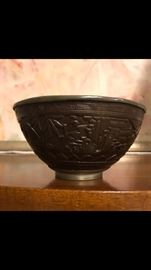 Chinese hand carved coconut bowl with pewter liner