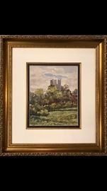 Antique original watercolor of Orford Castle, England, custom framed