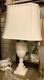 Antique alabaster lamp with custom silk shade