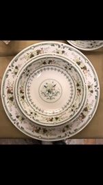 Royal Doulton "Provencal" china.  8 dinner plates, 8 salad plates, 8 bowls, 8 coffee cups, 8 saucers, 5 demitasse cups, 5 saucers