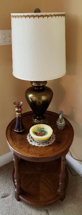 Round Side table and Brass Lamp