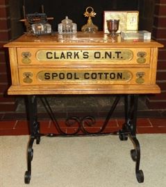 ANTIQUE OAK SPOOL CABINET TABLE