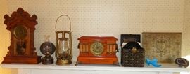 ANTIQUE CLOCKS, OIL LAMPS, 45 RECORDS, NATIONAL CASH REGISTER BACK PLATE, QUARTZ GEODE