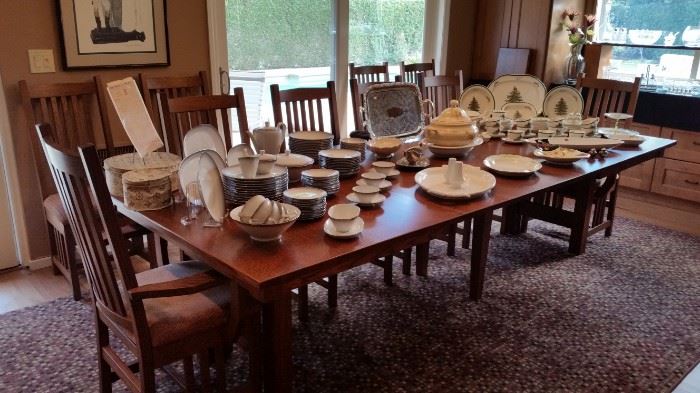 Gorgeous Solid Oak Arts & Crafts, Mission style 12' dining set with 10 chairs.  Beautiful China & Dinnerware. 