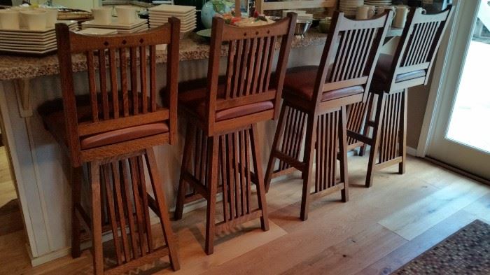 Gorgeous solid oak Arts & Crafts, Mission Style barstools, sold as set.
