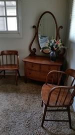 Antique Oak vanity dresser.  Antique oak chairs.