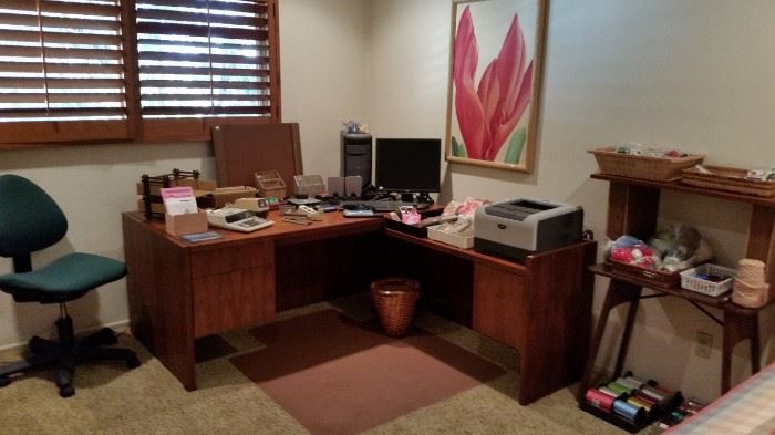 Nice mid century, teak desk.  Lots of office supplies.