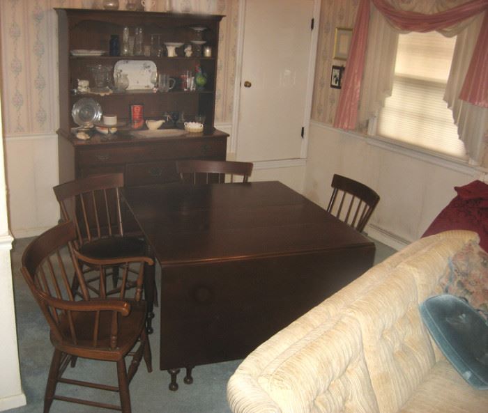 Willett brand quality, solid, hutch & drop leaf table w/4 chairs, 2 are armed captain's chairs