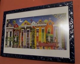 Shotgun Houses with boat passing Katrina  signed lithograph