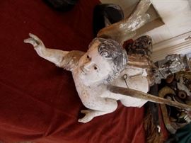 large 19th c. German or Italian carved cherub. Glass eyes