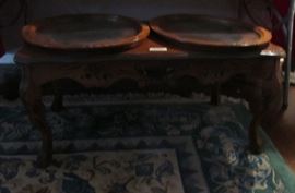 Carved wood coffee table with removable glass serving  trays