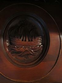 Carved wood coffee table with removable glass serving  trays