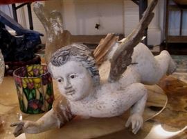large 19th c. German or Italian carved cherub. Glass eyes 