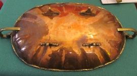 1950's brass and copper oval gondola shaped handled, footed centerpiece bowl marked A. Lara Mexico with a circled eagle logo
