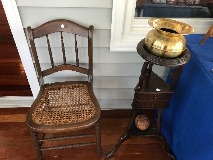 Cane bottom chair & vintage smoking stand