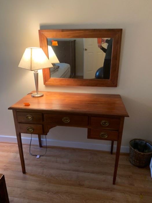 hand crafted dressing table and matching mirror, lamp