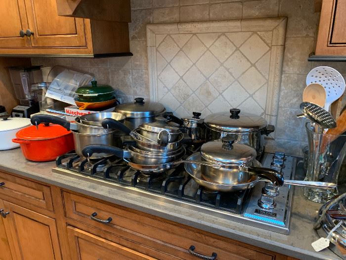 Tons of high end cookware.  Le Crueset, Kitchen Aid, Mixers, Cuisinarts, Blenders, Coffee Pots