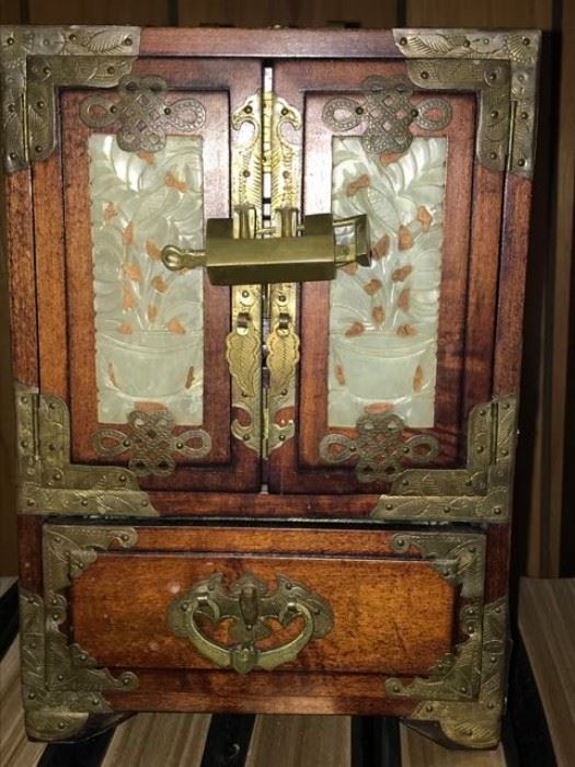 Chinese jewelry box, jade and brass