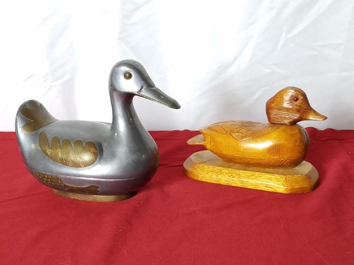 Pewter & Brass Duck Trinket Box & Carved Wood Duck https://ctbids.com/#!/description/share/87271