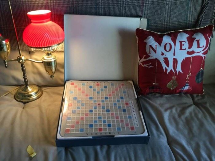 Scrabble game, Lamp and Pillow