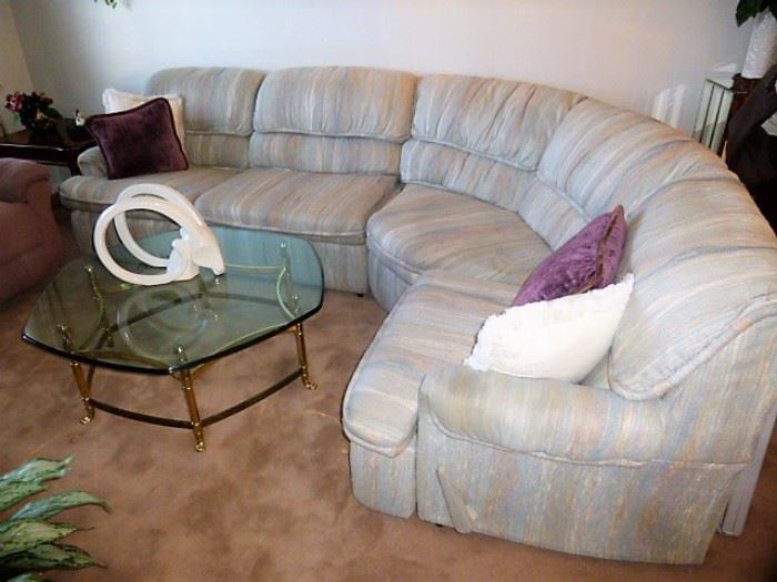 CLEAN sectional sofa & glass top coffee table.
