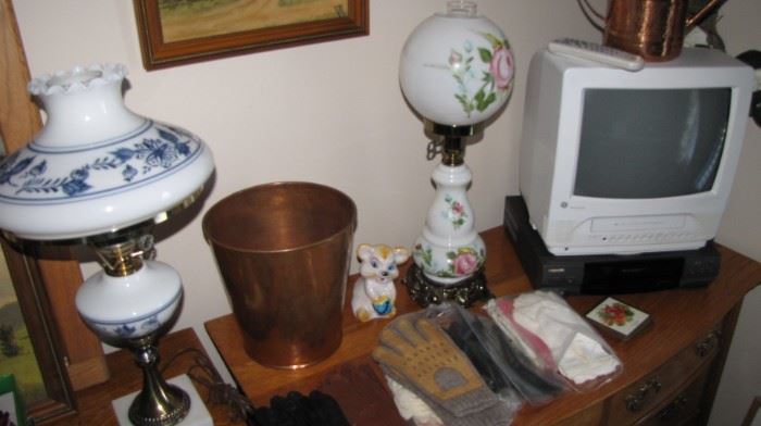 Pair hurricane style lamps. Copper trashcan