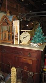 Antique birdcage - chest with marble top, ceramic Christmas tree and more.