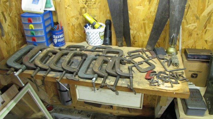 Many vintage c - clamps. Vintage hand saws too !
